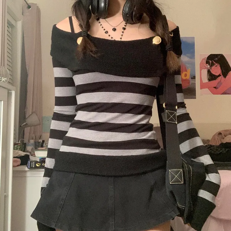 Women Vintage Striped Print Long Sleeves Color Blocking Off-the-shoulder Top