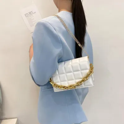 Women Creative Thick Chain Design Plaid Embossing Solid Color PU Shoulder Bag