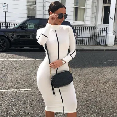 Fashion Women Edgy Elegant Color Blocking Long Sleeve Bodycon Midi Dress