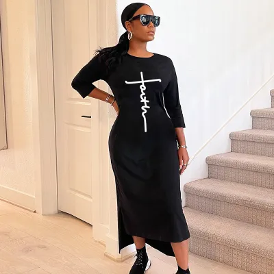 Peace Women Casual Faith Letter Print Long Sleeves Side-slit Dress