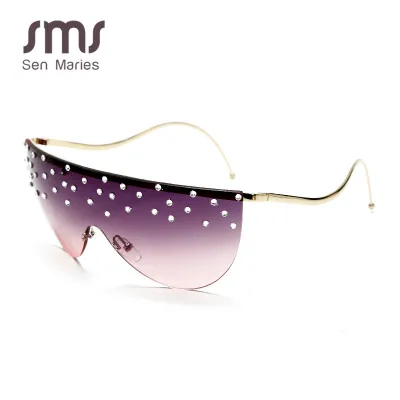 Women Unique Oversized Rimless Rhinestone Decoration One-Piece Sunglasses