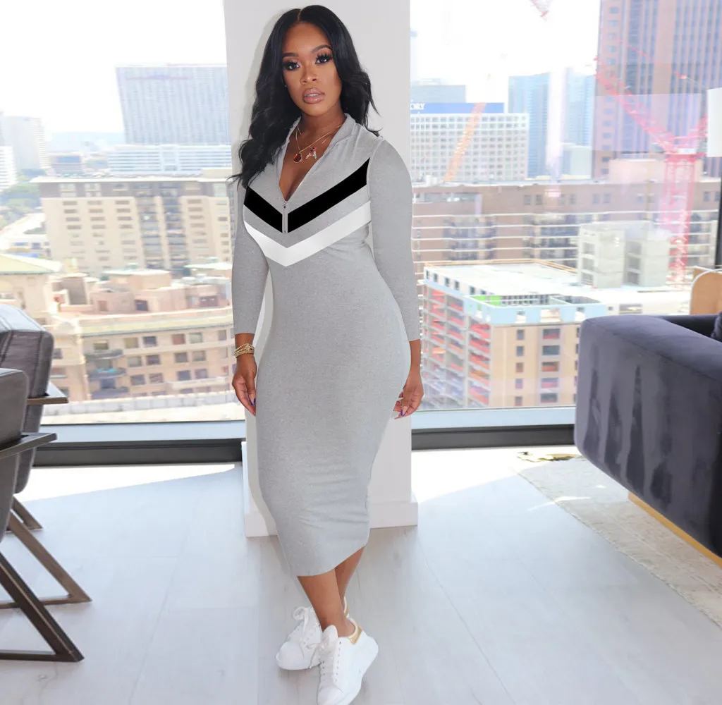 Women Casual Fashion Color Blocking Long Sleeves Zipper V Neck Dress