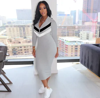 Women Casual Fashion Color Blocking Long Sleeves Zipper V Neck Dress