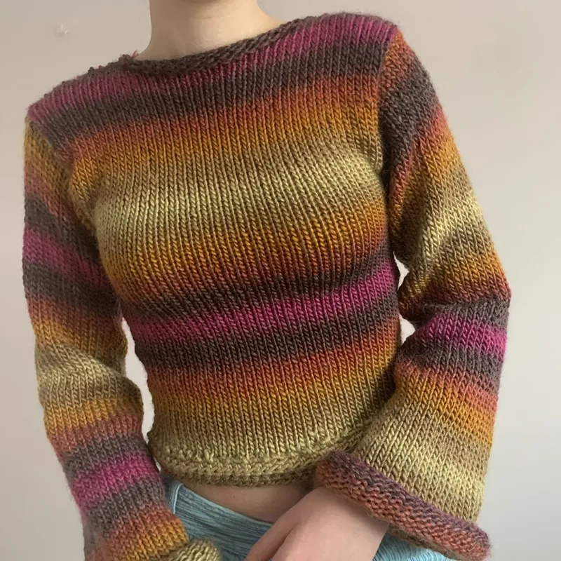 Women Edgy Vintage Knitted Sweaters Striped Gradient Color Crop Sweater