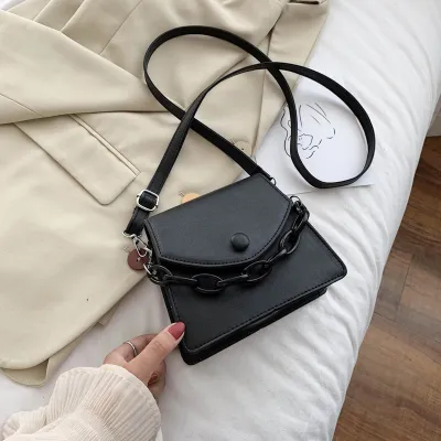 Women Fashion Thick Chain Flap Buckle Pattern Solid Color PU Crossbody Bag