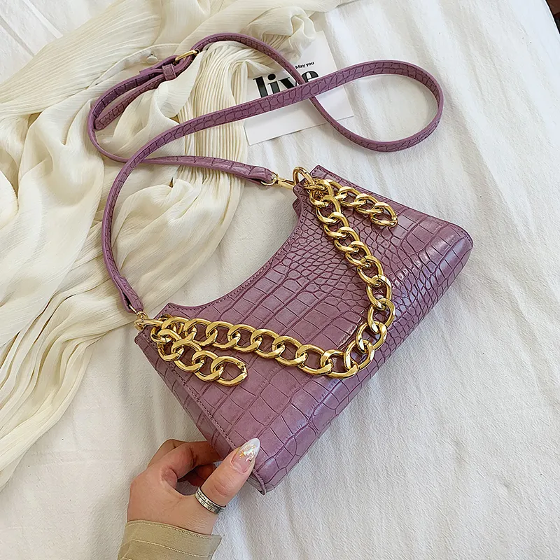 Women Vintage Thick Chain Design Crocodile Pattern PU Crossbody Bag