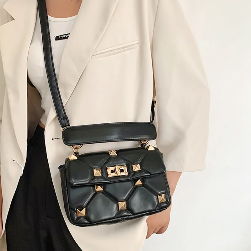 Women Fashion Flap Buckle Design Rivet Decoration Solid Color PU Crossbody Bag