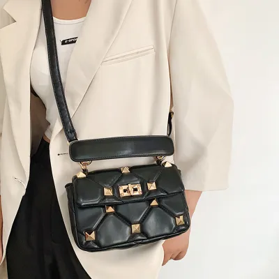 Women Fashion Flap Buckle Design Rivet Decoration Solid Color PU Crossbody Bag