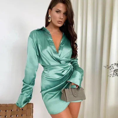 Women Elegant Solid Color Satin Long Sleeves V Neck Lapel Mini Bodycon Shirt Dress