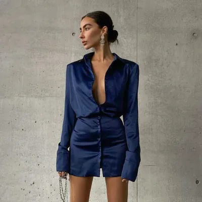 Women Elegant Edgy Solid Color Satin Fashion Lapel Long Sleeves Mini Shirt Dress
