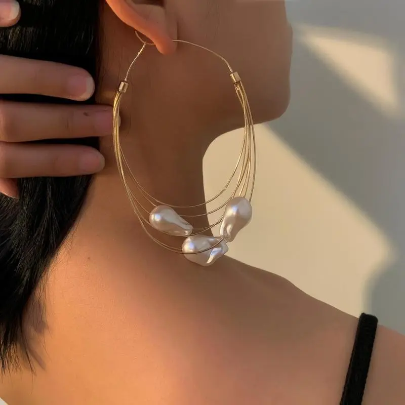 Women Exaggerated Imitation Pearl Decoration Metal Hoop Earrings