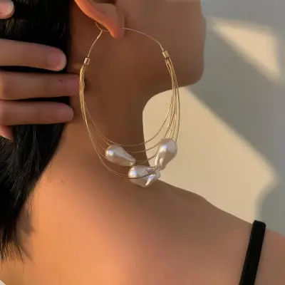 Women Exaggerated Imitation Pearl Decoration Metal Hoop Earrings