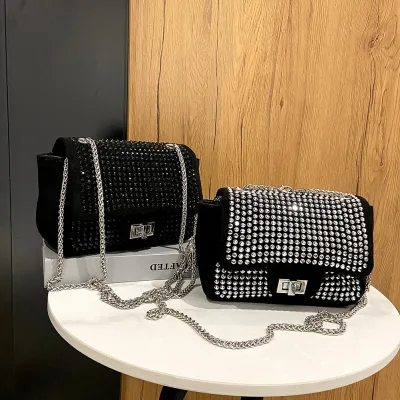 Women Fashion Flap Buckle Design Rhinestone Decorated Nylon Crossbody Bag