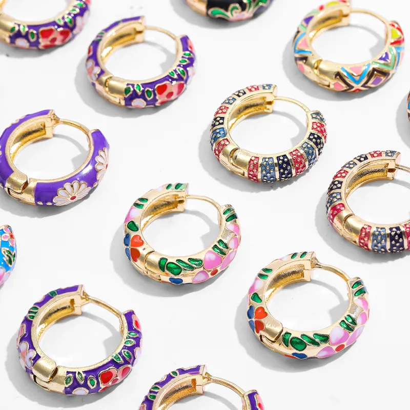 Women Vintage Flower Printed Alloy Hoop Earrings