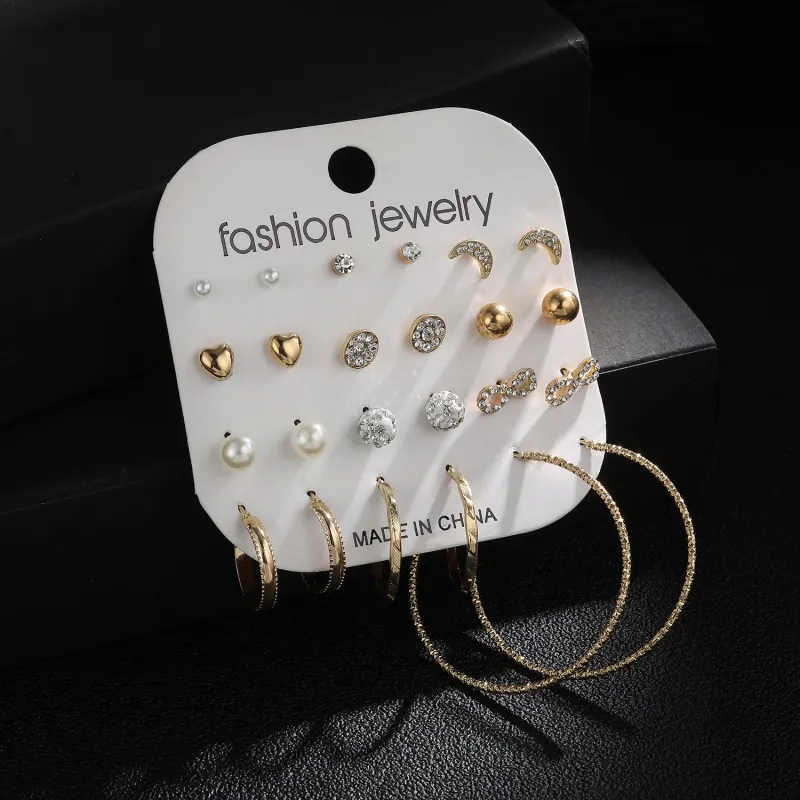 Women Simple Zircon And Imitation Pearl Stud And Hoop Earrings Set