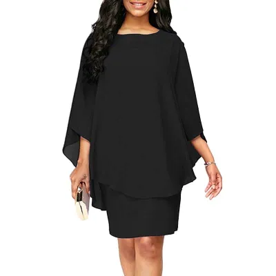 Women Plus Size Ruffled Half Sleeves Loose Asymmetrical Office Lady Solid Color Chiffon False Two-piece Dress