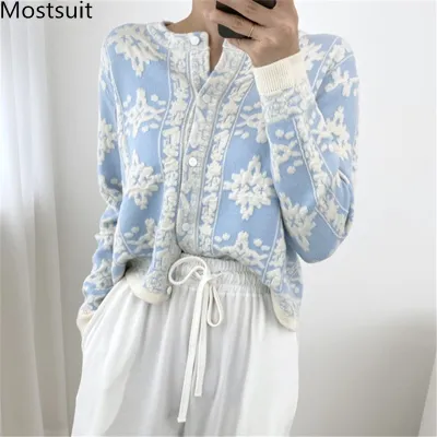 Women Elegant Office Floral Long Sleeves Single-Breasted Vintage Cardigan