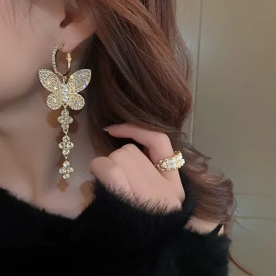 Women Exquisite Rhinestone Butterfly Drop Hoop Earrings