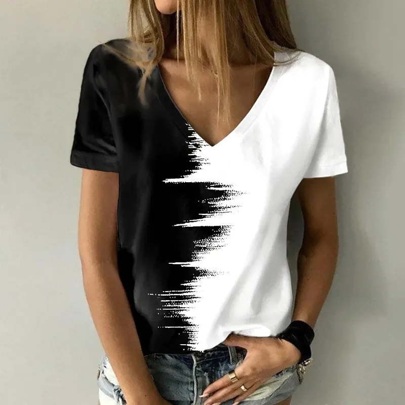 Women Casual Short Sleeves Color Blocking Summer V Neck Basic Plus Size T-shirt