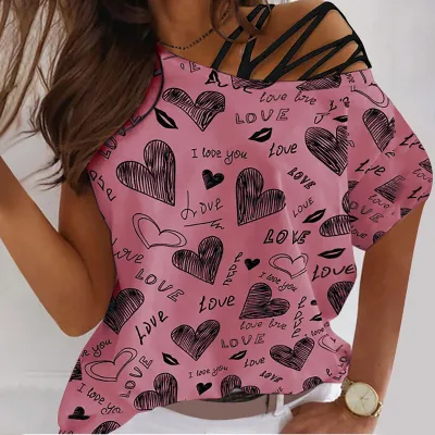 Women Casual Cool Shoulder Short Sleeves Heart Printing Summer T-shirt