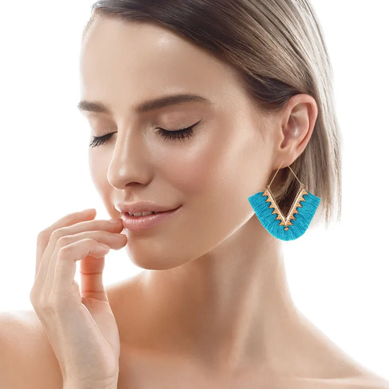 Women Vintage Geometric V Shaped Tassels Hoop Earrings