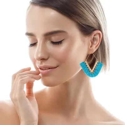 Women Vintage Geometric V Shaped Tassels Hoop Earrings