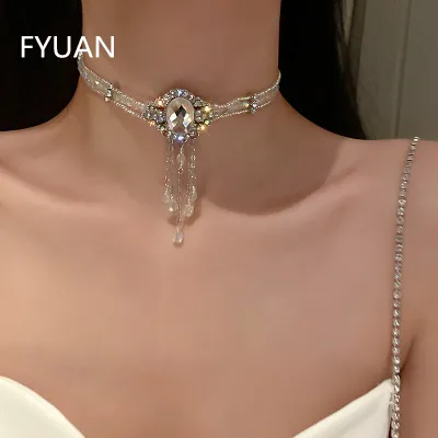 Women Exquisite Party Rhinestone Tassels Choker Necklace