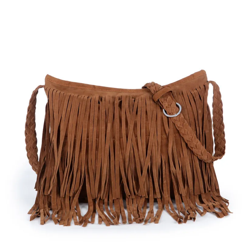 Women Vintage Tassel Design Solid Color PU Crossbody Bag