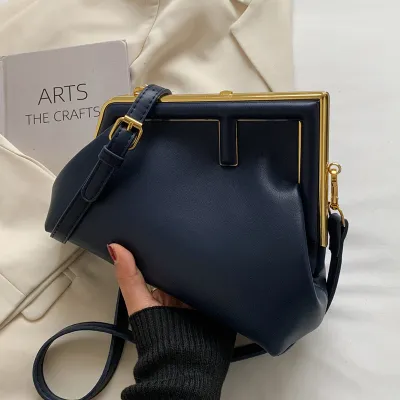Women Fashion Geometric Shape Buckle Design Solid Color PU Crossbody Bag