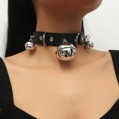 Women Punk Bell Decoration Solid Color PU Choker Necklace