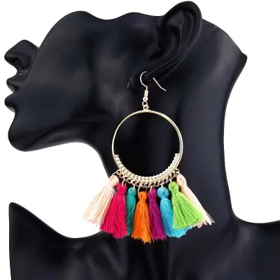 Women Bohemia Exaggerated Solid Color Tassel Hoop Earrings