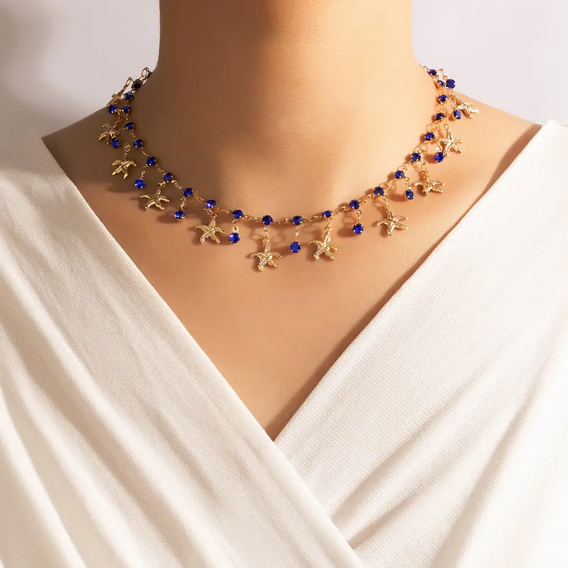 Women Chic Rhinestone Starfish Tassels Choker Necklace