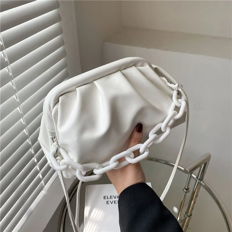 Women Fashion Creative Thick Chain Decorative Crease Design Solid Color PU Crossbody Bag