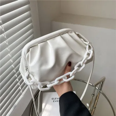 Women Fashion Creative Thick Chain Decorative Crease Design Solid Color PU Crossbody Bag