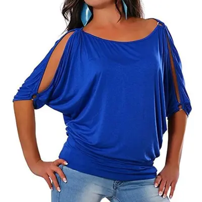 Women Fashion Casual Cool Shoulder Short Sleeves Summer Solid Color Round Neck Loose Plus Size T-shirt