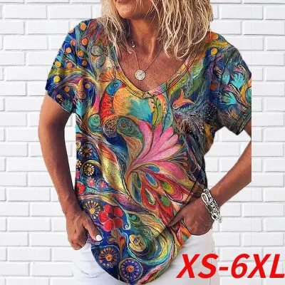 Summer Women Vintage Graphic Graffiti Print V Neck Basic Loose T-shirt