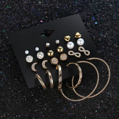 Women Exquisite Rhinestone Moon And Bow Design Stud Hoop Earrings Set