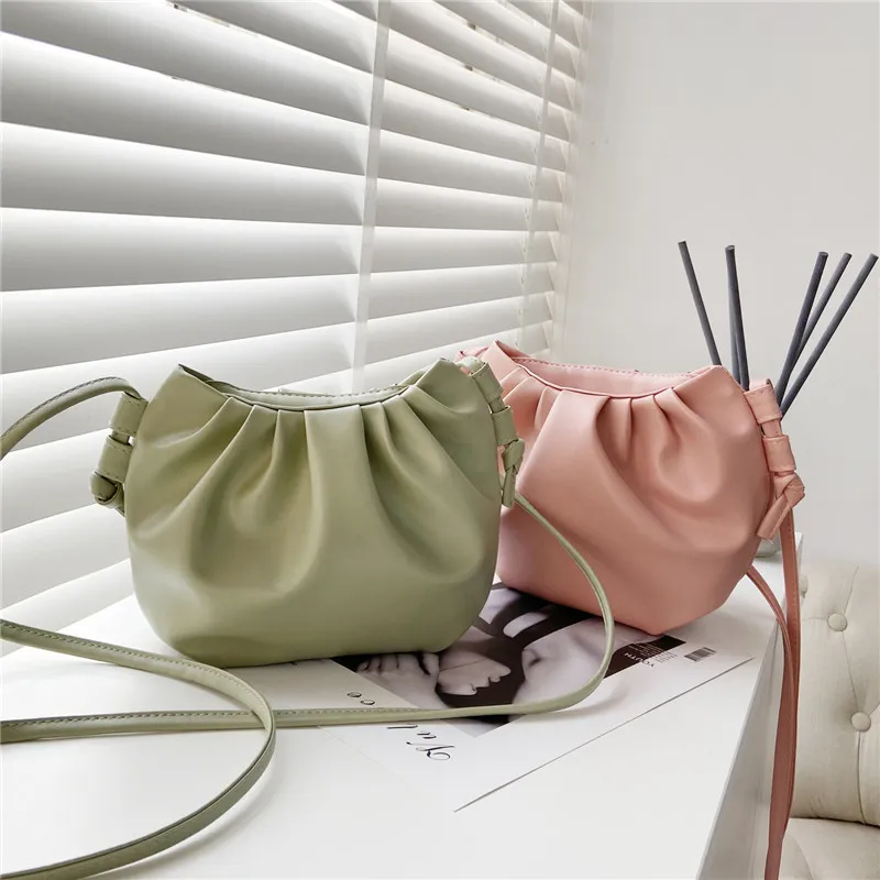Women Fashion Crease Design Solid Color PU Crossbody Bag