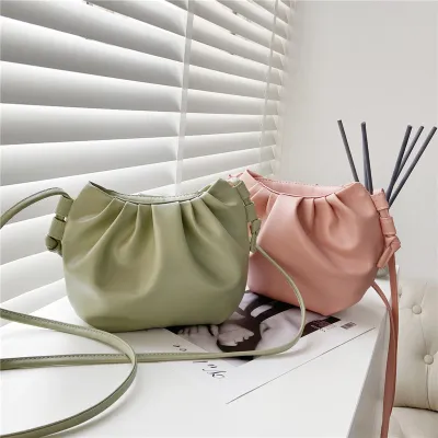 Women Fashion Crease Design Solid Color PU Crossbody Bag