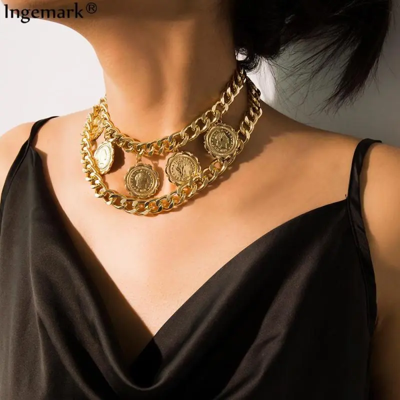 Women Exaggerated Coin Geometric Pendant Choker Multilayer Necklace