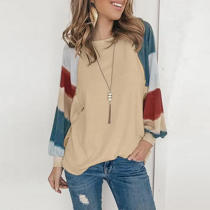 Women Casual Round Neck Long Sleeve Color Blocking Loose Top