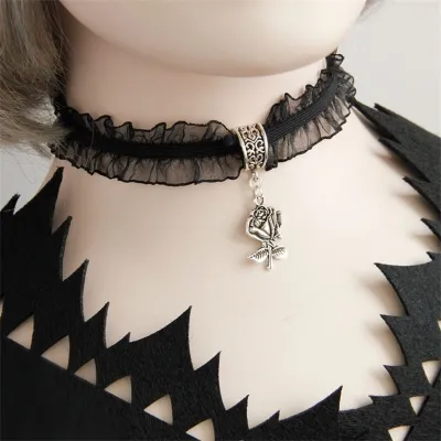 Women Gothic Metal Rose Pendant Lace Choker Necklace