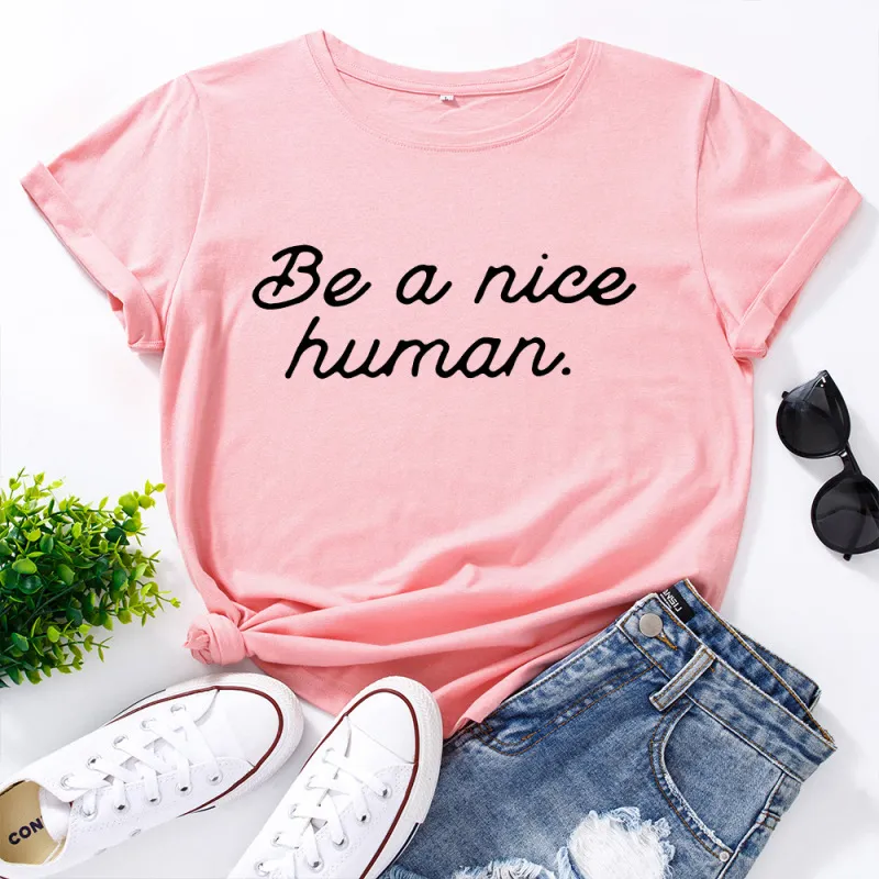 Women Casual Loose Plus Size Round Neck Short-sleeved Letter Printed Colored T-shirt
