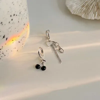 Women Chic Asymmetric Heart Cherry Design Hoop Earrings