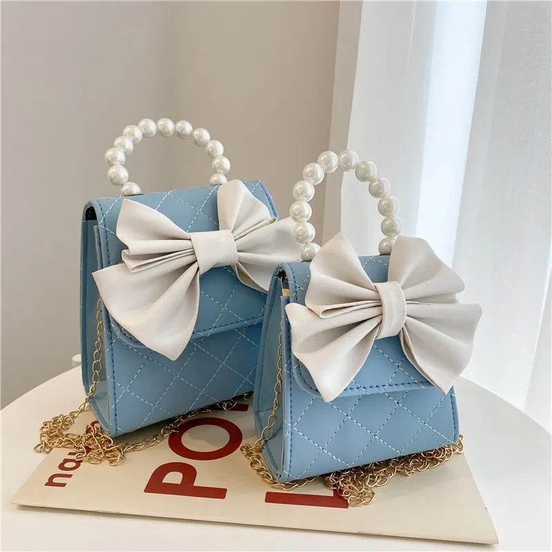 Women Fashion Chic Pearl Chain Bow Decoration Flap Buckle Design PU Crossbody Bag
