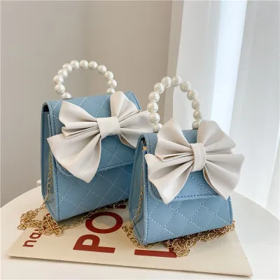Women Fashion Chic Pearl Chain Bow Decoration Flap Buckle Design PU Crossbody Bag