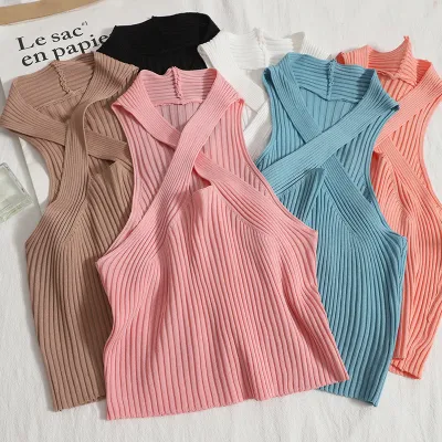 Women Y2K Knitted Off Shoulder Sexy Tops Halter Tops Female Sexy Tops Camis Tops For Women Summer Cropped Feminino