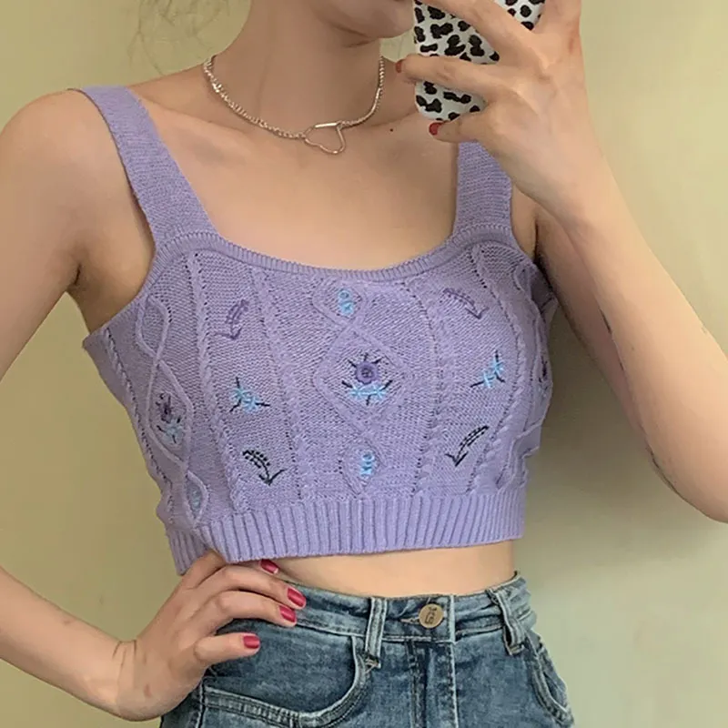 Heliar Women Flower Embroidery Knitted Crop Tops Women Casual Tube Tops Casual Ribbed Cute Tops Crop Tops Women Summer
