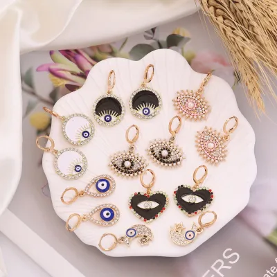 Women Exquisite Imitation Pearl Rhinestone Evil Eye Heart Shaped Hoop Drop Earrings