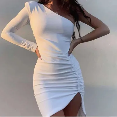 Women Elegant Edgy Sexy Solid Color One Shoulder Long Sleeves Bodycon Dress